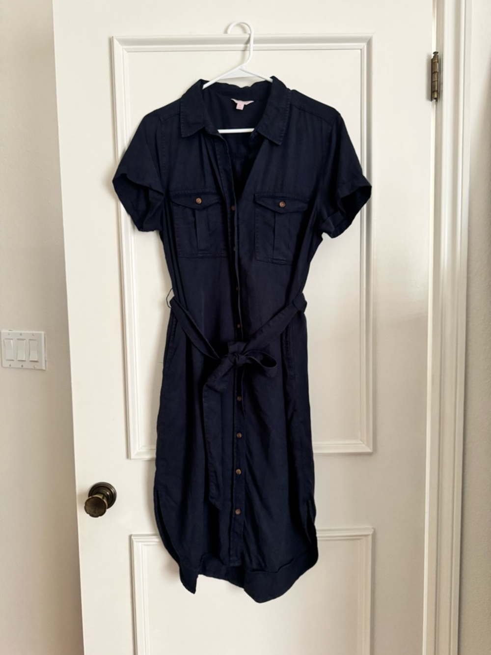 Women's Navy Button-Front Shirt Midi Dress with Tie Waist